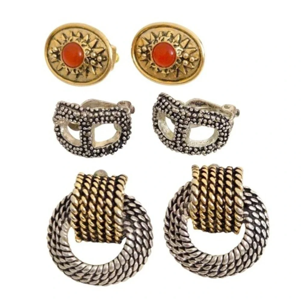 Vintage Gold & Silver Rope Cable Hoop Clip Earrings (Set‎ of 3)